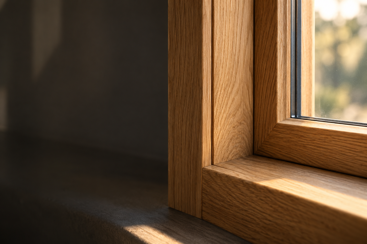 Illustrative Nahaufnahme eines Holzfensterrahmens